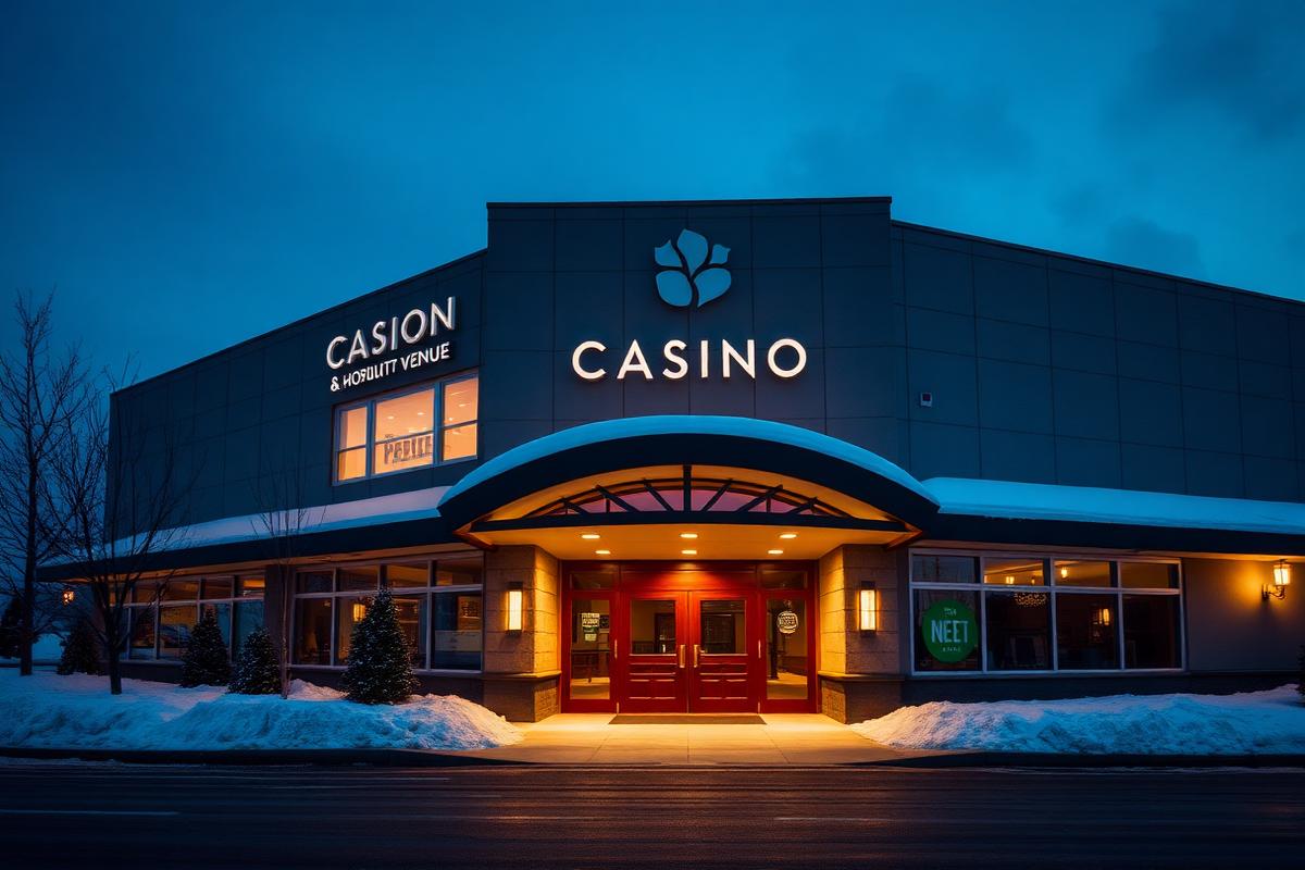 Canadian casino and hospitality venue exterior lit at blue hour in winter