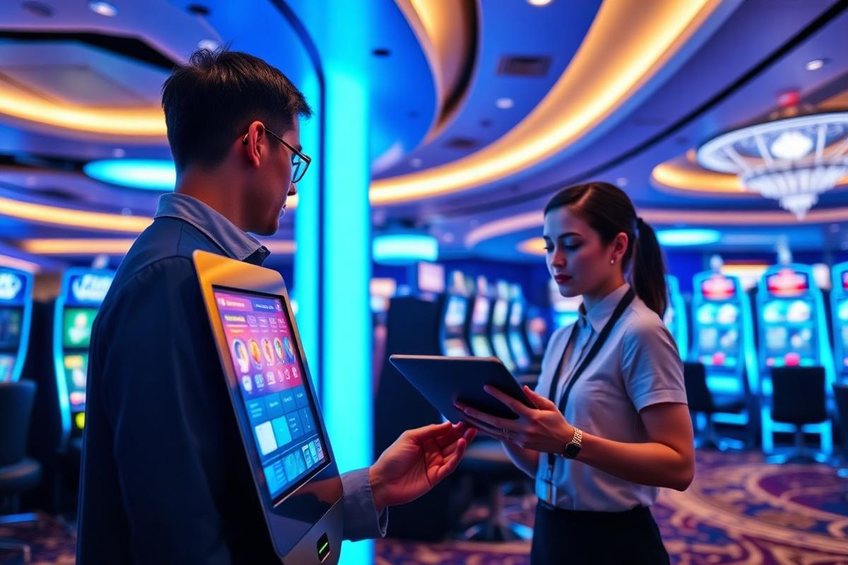 Cashless gaming kiosk and casino management tablet in use on a gaming floor
