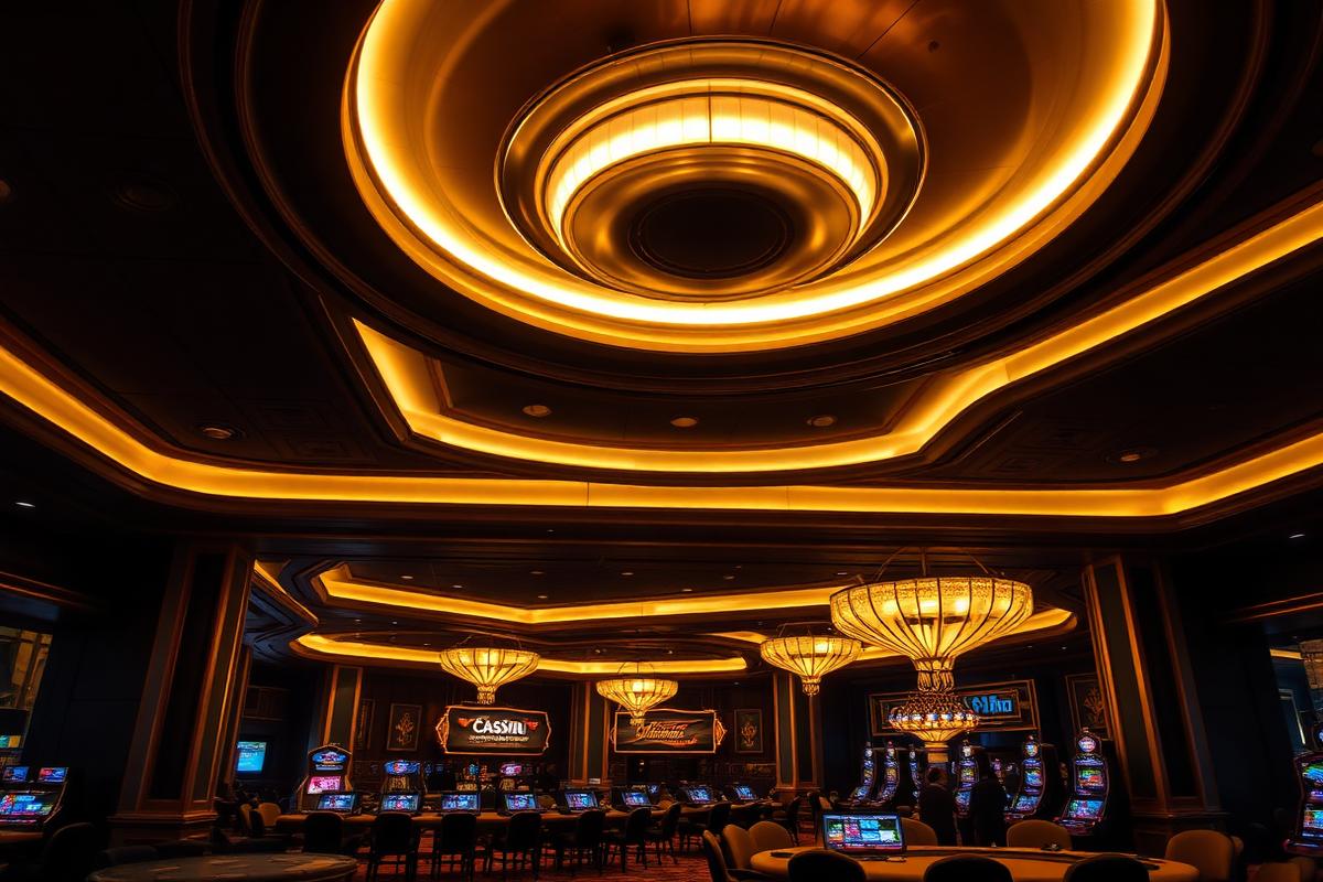 Architectural casino ceiling lighting design above a table gaming pit
