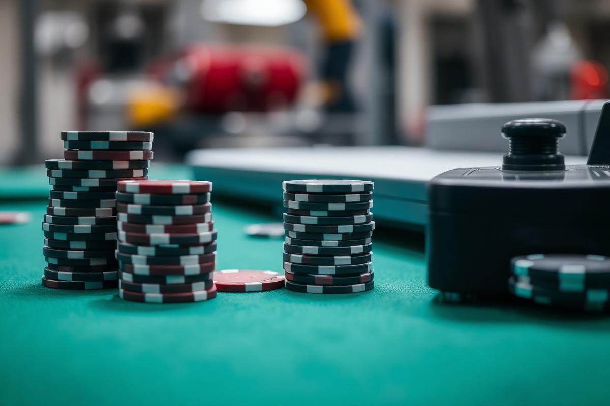 Casino chips stacked on a felt inspection bench beside a card shuffler