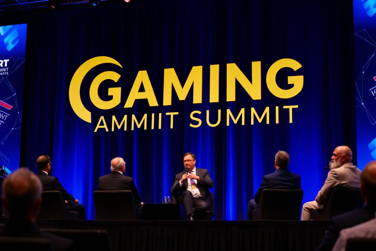 Executives speaking on stage at a casino industry conference panel