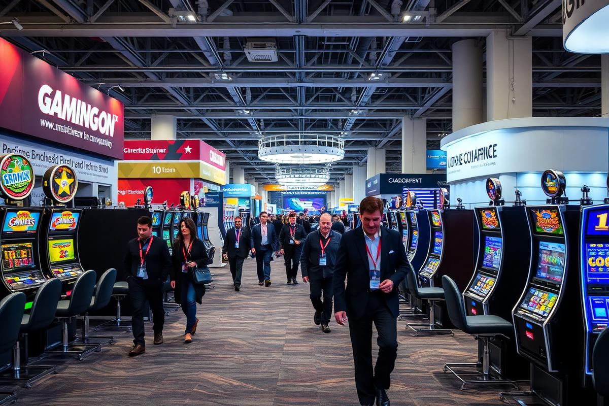 Gaming technology exhibition hall with manufacturer stands and delegates