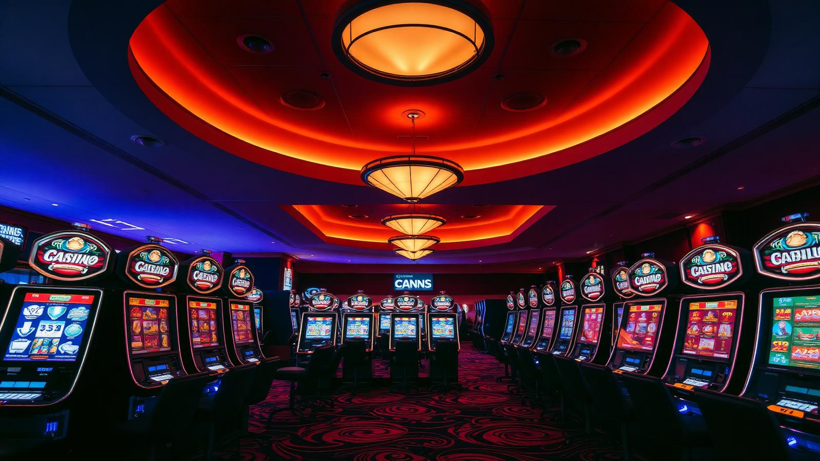 Wide view of a modern casino gaming floor with rows of contemporary slot cabinets