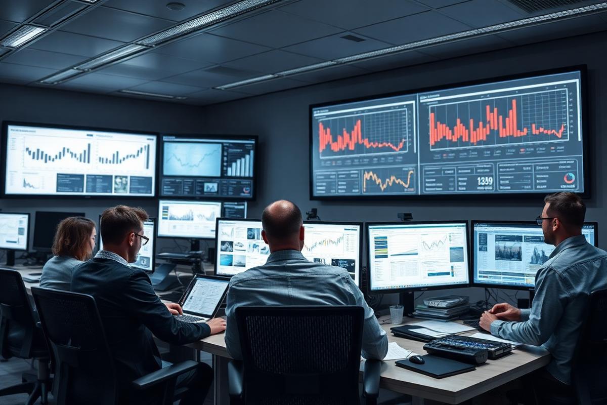 Editorial team working at newsroom desks with data and layout screens