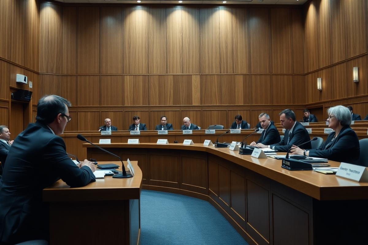 Regulatory hearing room with officials seated at a panelled committee bench