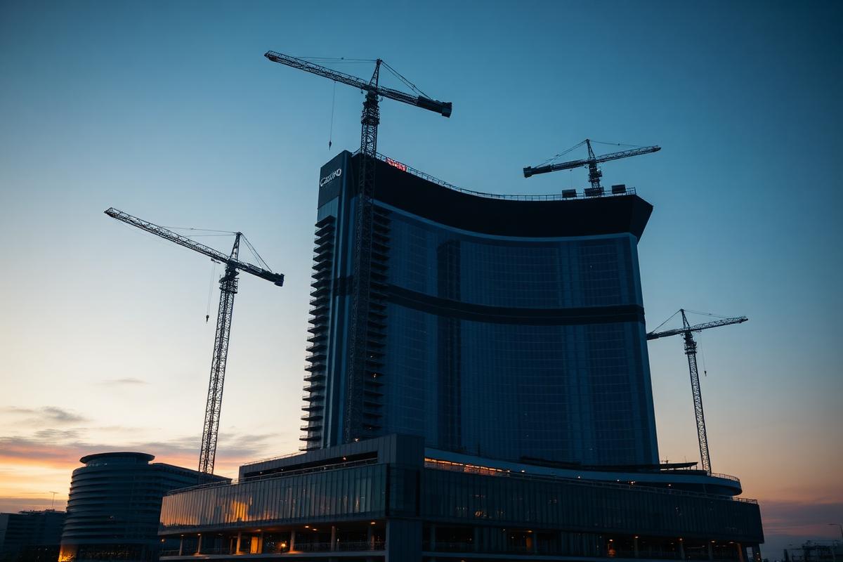 Integrated casino resort tower under construction at dusk with tower cranes