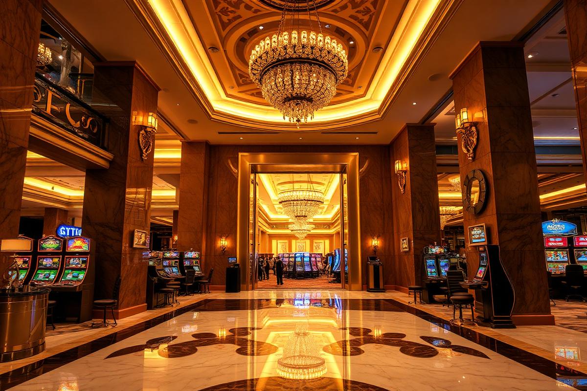 Casino resort lobby interior leading towards the gaming floor entrance