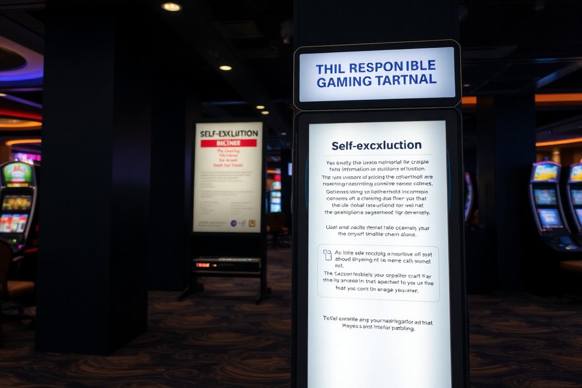 Responsible gambling information terminal and self-exclusion kiosk on a casino floor