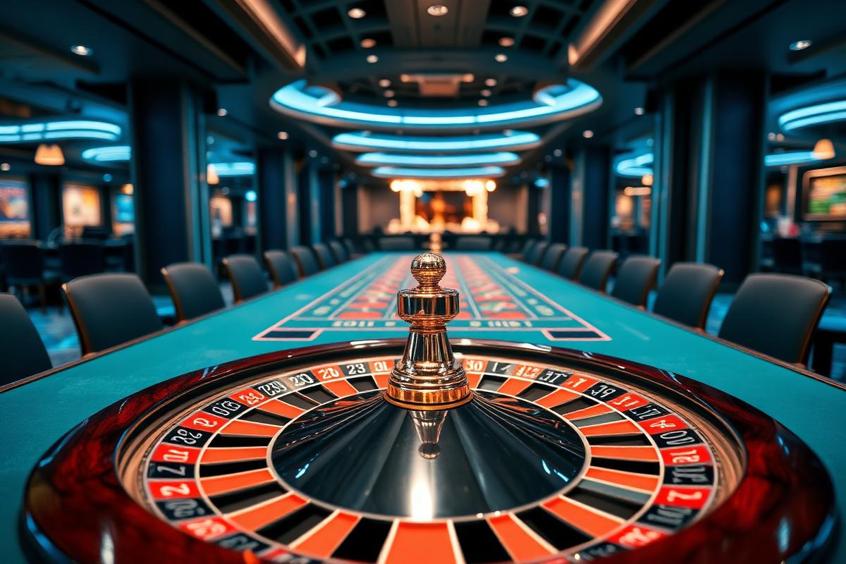 Roulette wheel and table layout in an upscale casino before opening hours