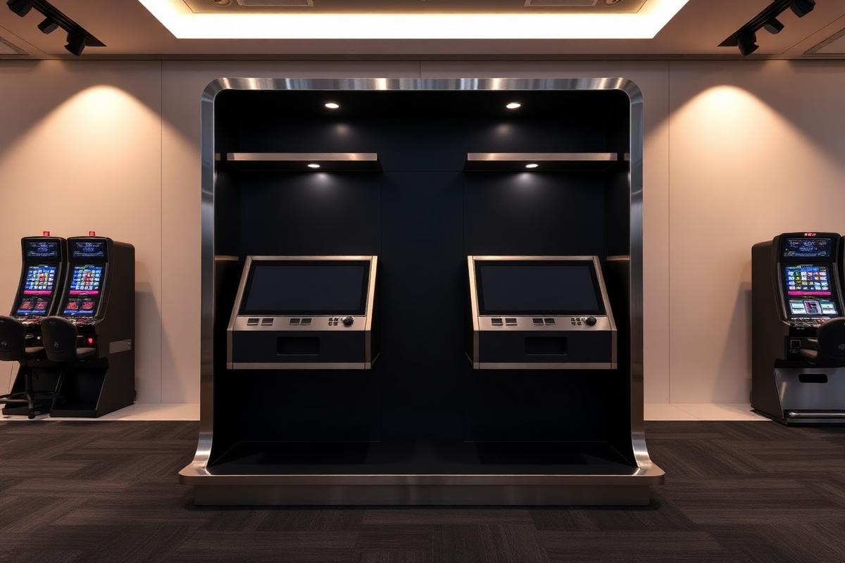 New modular slot cabinet with dual curved displays in a manufacturer showroom