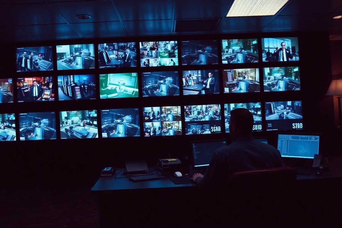 Casino surveillance control room with a wall of gaming floor camera monitors