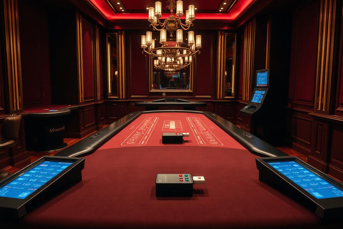 Baccarat table with electronic terminals and a card shuffler in a private gaming salon